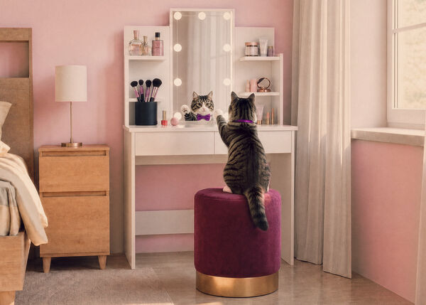 Katze sitzt an einem Schminktisch mit Aufbewahrungsregalen in einem rosa Schlafzimmer.