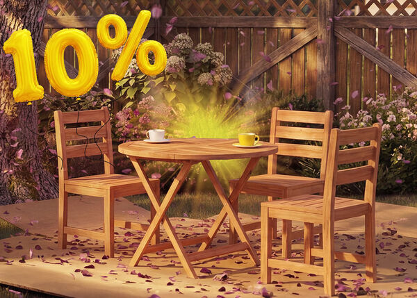 Runder Holz-Outdoor-Esstisch mit drei passenden St&uuml;hlen und Kaffeetassen in einem Gartensetting, umgeben von rosa Konfetti und goldenen 10%-Rabatt-Ballons, die ein saisonales Angebot f&uuml;r Outdoor-Esstische bewerben.