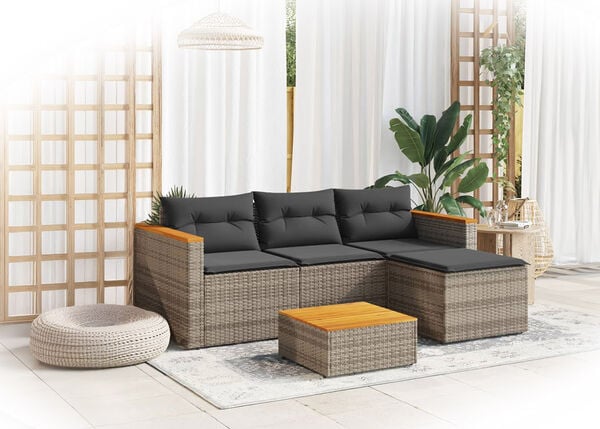 Rattan-Sofagarnitur f&uuml;r den Outdoor-Bereich, 3-teilig, mit Kissen und Couchtisch, Indoor.