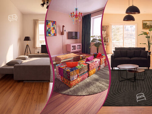 Collage mit drei Sofastilen: ein modernes Wohnzimmer mit dunklen Sofas, ein buntes Patchwork-Modulsofa rund um einen Couchtisch und ein graues, vollst&auml;ndig ausgeklapptes Schlafsofa. Klicke, um die Sofakollektion zu sehen.