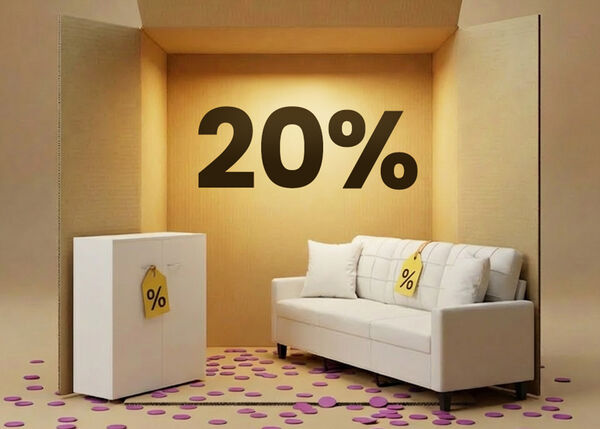 Wohnzimmereinrichtung mit wei&szlig;em Sofa und wei&szlig;em Aufbewahrungsschrank in einer Box-Darstellung, mit 20% Rabatt auf Wohnzimmerm&ouml;bel.