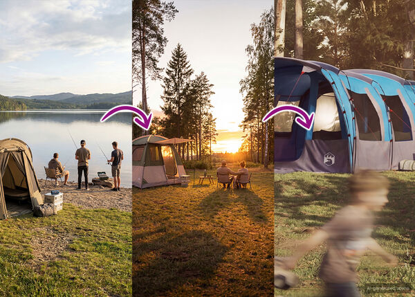 Geteilter Banner, der eine Entwicklung von Campingerlebnissen zeigt. Links angeln und entspannen drei Personen neben einem kleinen Zelt am See bei Sonnenuntergang. In der Mitte sitzen zwei Personen an einem Tisch, hinter ihnen steht ein gr&ouml;&szlig;eres blau-graues Zelt, ebenfalls bei Sonnenuntergang. Rechts ist eine verschwommene Ansicht einer gr&ouml;&szlig;eren zelt&auml;hnlichen Struktur zu sehen. Pfeile zeigen einen &Uuml;bergang zwischen den Szenen und deuten auf ein Upgrade des Outdoor-Erlebnisses hin.