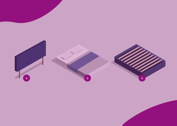 Illustration von drei separaten Bettkomponenten: ein Kopfteil links, eine Matratze mit Bettw&auml;sche in der Mitte und ein Lattenrost rechts, jeweils mit einem kreisf&ouml;rmigen Plus-Symbol darunter.