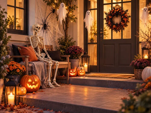 F&uuml;r Halloween geschm&uuml;ckte Veranda mit leuchtenden K&uuml;rbissen, einem Skelett auf einer Bank, h&auml;ngenden Geistern, Spinnweben und warmen Festlichtern.