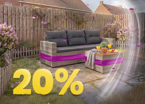 Garten-Lounge-Sofa mit Couchtisch und Getr&auml;nken, mit deutlich sichtbarem &bdquo;20 % Rabatt&ldquo;.