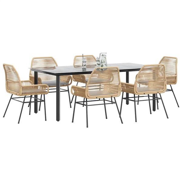 vidaXL 7-tlg. Garten-Essgruppe mit Kissen Braun Poly Rattan Glas
