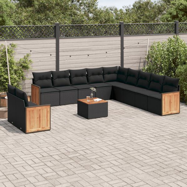 vidaXL 12-tlg. Garten-Sofagarnitur mit Kissen Schwarz Poly Rattan