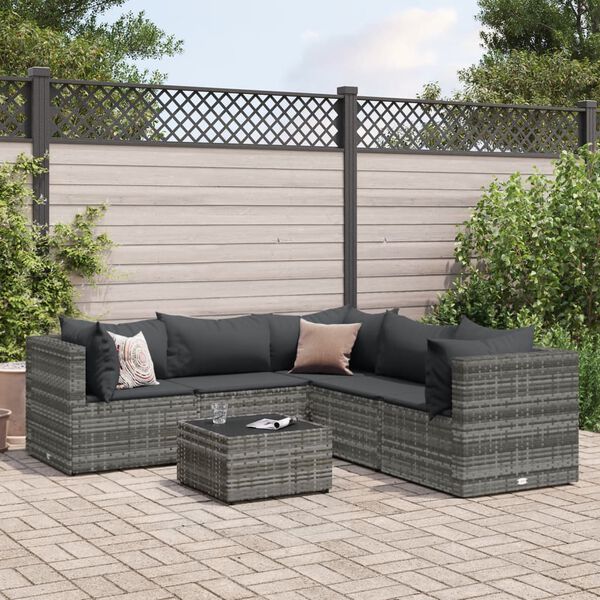 vidaXL 6-tlg. Garten-Lounge-Set mit Kissen Grau Poly Rattan