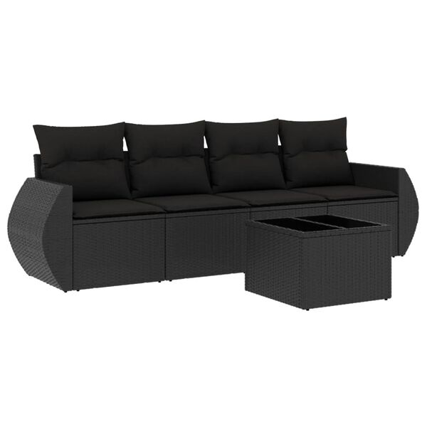 vidaXL 5-tlg. Garten-Sofagarnitur mit Kissen Schwarz Poly Rattan