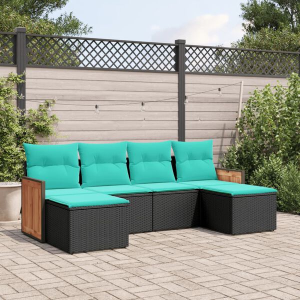 vidaXL 6-teiliges Gartensofa-Set mit Kissen, schwarzes Polyrattan