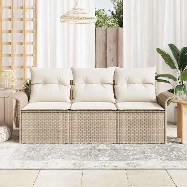 vidaXL Garten-Sofa-Set mit Kissen mit Speicher 3 pcs Beige Poly Rattan