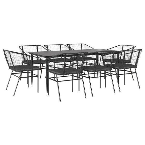 vidaXL 9-tlg. Garten-Essgruppe mit Kissen Schwarz Poly Rattan Glas