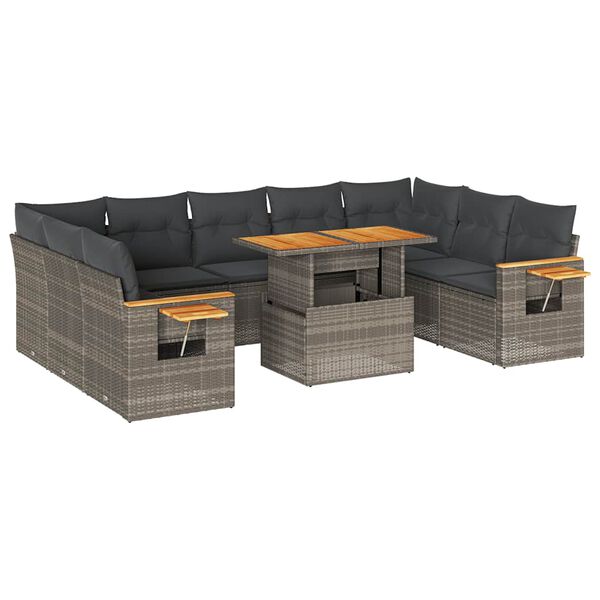 vidaXL 10-tlg. Garten-Sofagarnitur mit Kissen Grau Poly Rattan Akazie