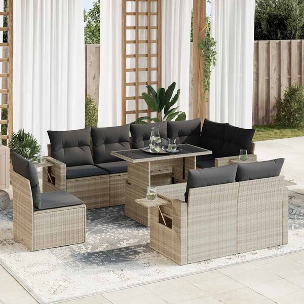 vidaXL 9-tlg. Garten-Sofagarnitur mit Kissen Hellgrau Poly Rattan