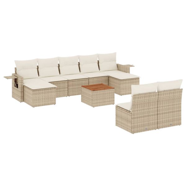 vidaXL 10-tlg. Garten-Sofagarnitur mit Kissen Beige Poly Rattan