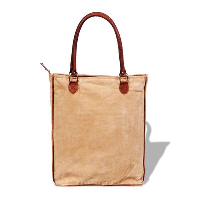 Canvas Echtleder Shopper Tasche Handtasche mit Schnalle beige