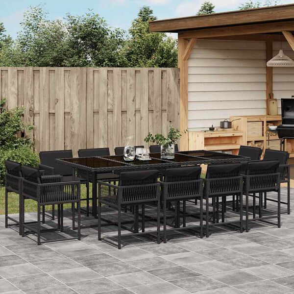 vidaXL 13-tlg. Garten-Essgruppe mit Kissen Schwarz Poly Rattan