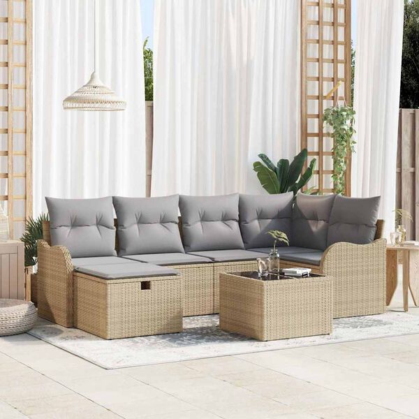 vidaXL Garten-Sofa-Set mit Kissen mit Speicher 7 pcs Beige Poly Rattan