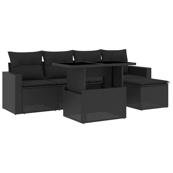 vidaXL 6-tlg. Garten-Sofagarnitur mit Kissen Schwarz Poly Rattan