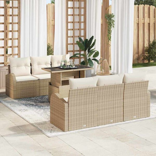 vidaXL Gartensofa-set mit Kissen mit Speicher 7 pcs Beige Poly Rattan