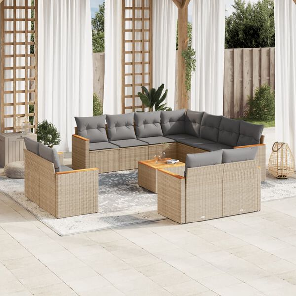 vidaXL 12-tlg. Garten-Sofagarnitur mit Kissen Beige Poly Rattan