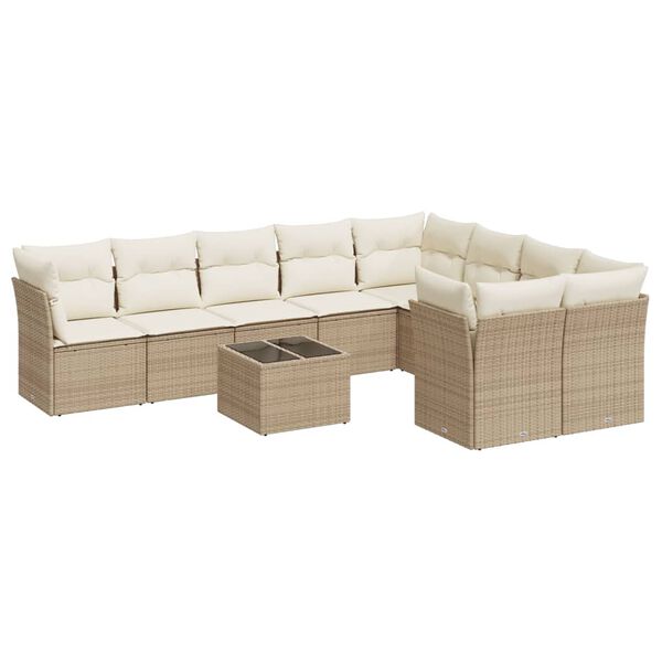 vidaXL 10-tlg. Garten-Sofagarnitur mit Kissen Beige Poly Rattan