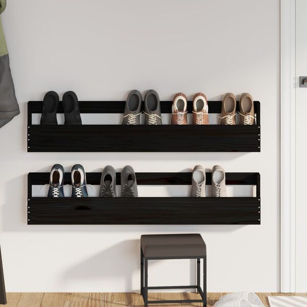 vidaXL Wand-Schuhregale 2 Stk. Schwarz 110x9x23 cm Massivholz Kiefer