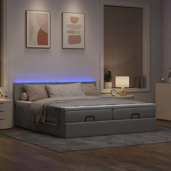 vidaXL Ottoman-Bett mit Matratzen & LEDs Hellgrau 200x200 cm Stoff