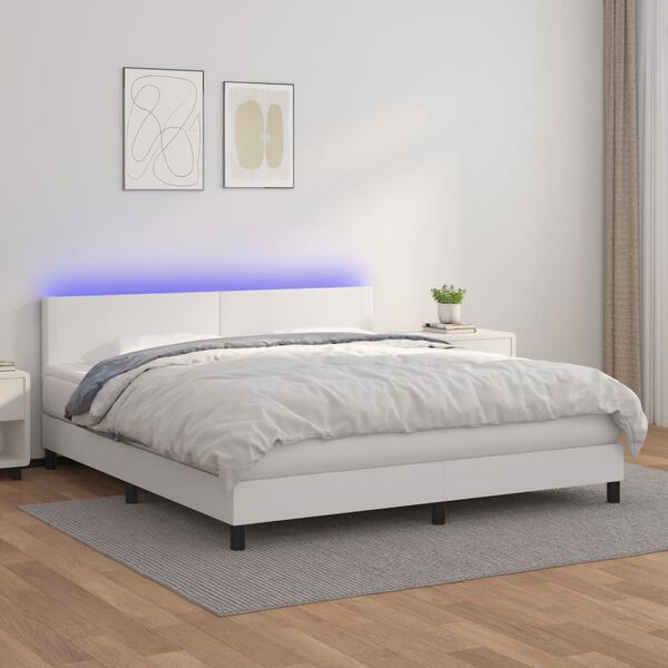 vidaXL Boxspringbett mit Matratze & LED Wei&szlig; 180x200 cm Kunstleder