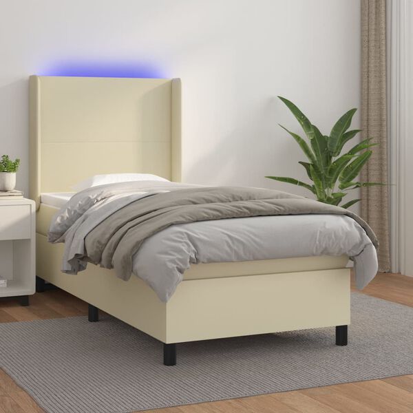vidaXL Boxspringbett mit Matratze & LED Creme 90x200 cm Kunstleder