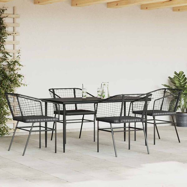 vidaXL 5-tlg. Garten-Essgruppe mit Kissen Schwarz Poly Rattan Glas