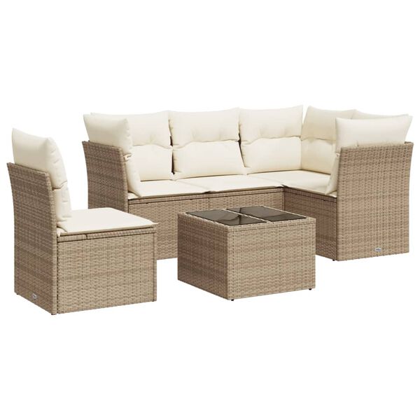 vidaXL 6-tlg. Garten-Sofagarnitur mit Kissen Beige Poly Rattan