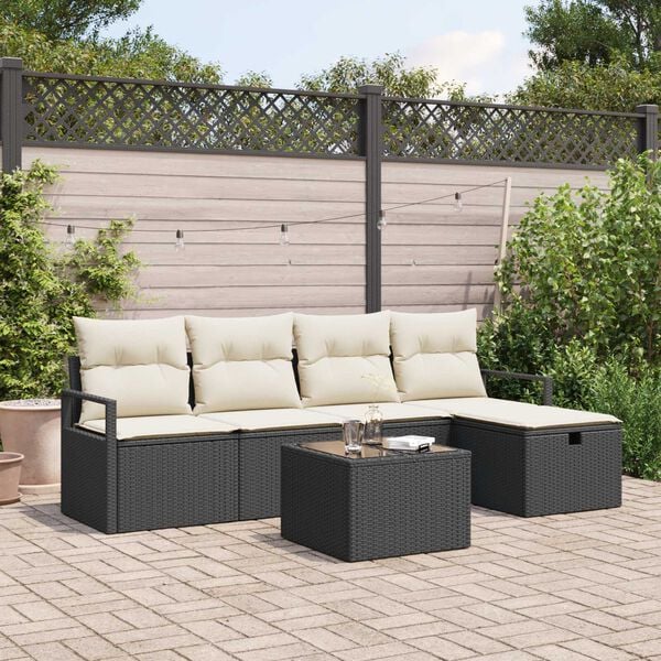 vidaXL Sofa Set mit Kissen 6 pcs Schwarz und Creme Poly-Rattan