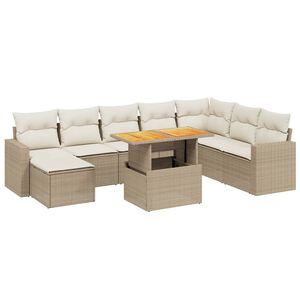 vidaXL 9-tlg. Garten-Sofagarnitur mit Kissen Beige Poly Rattan