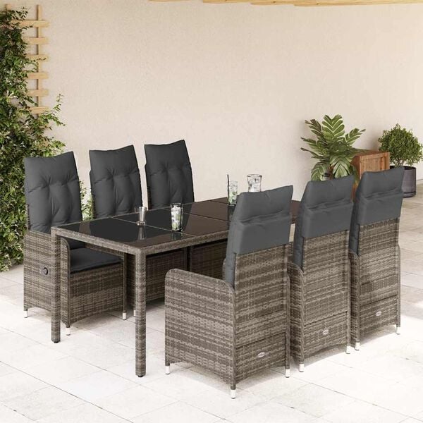 vidaXL 7-tlg. Garten-Bistro-Set mit Kissen Grau Poly Rattan