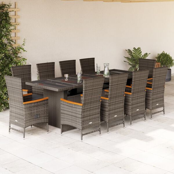 vidaXL 11-tlg. Garten-Essgruppe mit Kissen Grau Poly Rattan