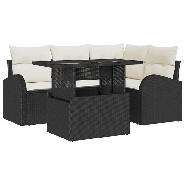 vidaXL Garten-Sofa-Set mit Kissen 5 pcs Schwarz Poly Rattan