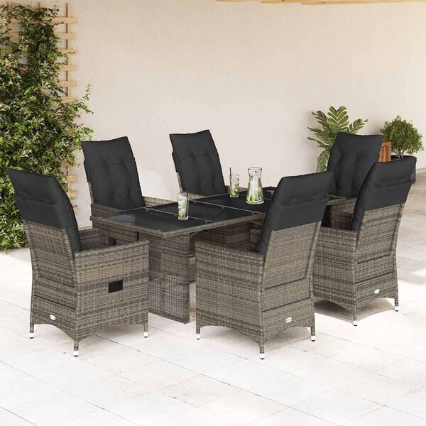vidaXL 7-tlg. Garten-Essgruppe mit Kissen Grau Poly Rattan
