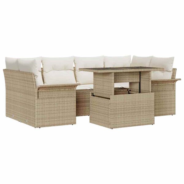 vidaXL Garten-Sofa-Set mit Kissen 7 pcs Beige Poly-Rattan