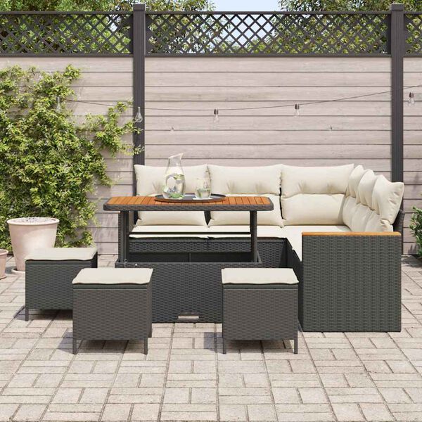 vidaXL Garten-Sofa-Set mit Kissen mit Speicher Schwarz Poly Rattan