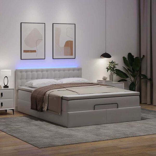vidaXL Ottoman-Bett mit Matratzen & LEDs Reinweiß 140x190cm Kunstleder