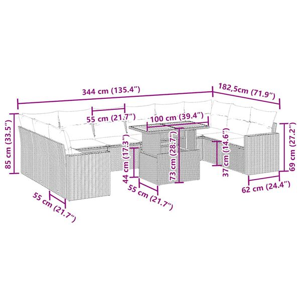 vidaXL 11-tlg. Garten-Sofagarnitur mit Kissen Beige Poly Rattan