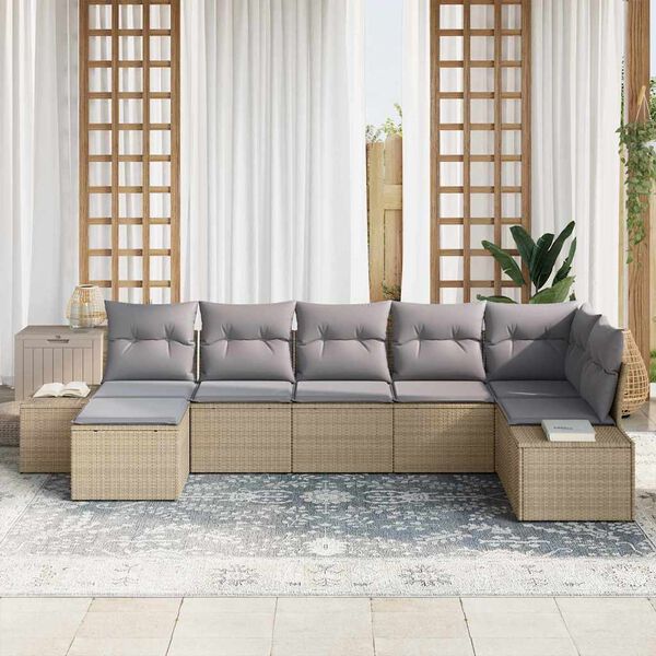 vidaXL Garten-Sofa-Set mit Kissen mit Speicher 7 pcs Beige Poly-Rattan