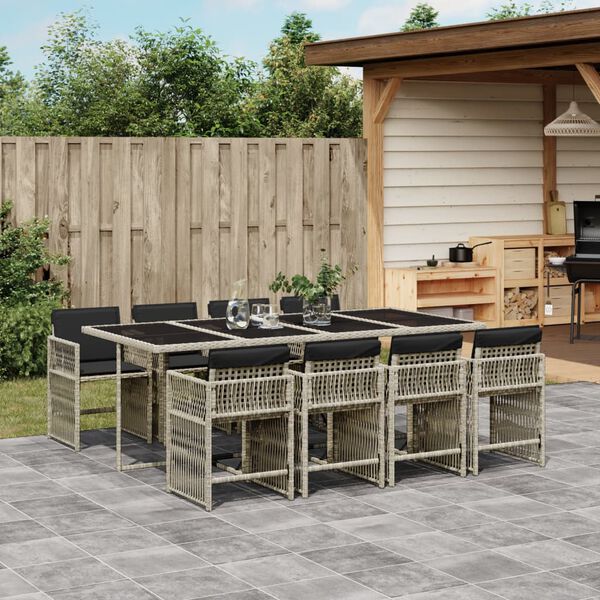 vidaXL 9-tlg. Garten-Essgruppe mit Kissen Hellgrau Poly Rattan