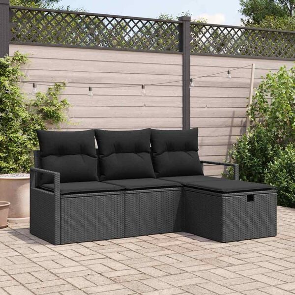 vidaXL Garten-Sofa-Set mit Kissen 4 pcs Schwarz Poly Rattan