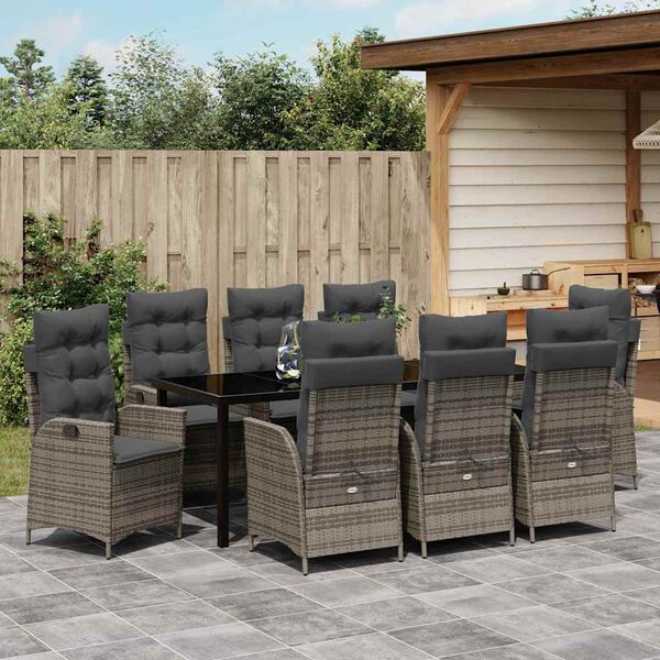 vidaXL Garten Essgruppe mit Kissen 9 pcs Grau Poly-Rattan