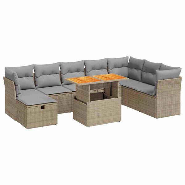 vidaXL 9-tlg. Garten-Sofagarnitur mit Kissen Beige Poly Rattan Akazie