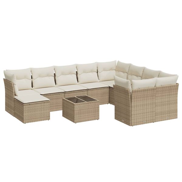 vidaXL 11-tlg. Garten-Sofagarnitur mit Kissen Beige Poly Rattan
