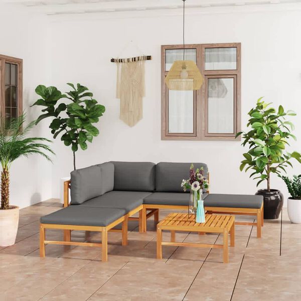 vidaXL 6-tlg. Garten-Lounge-Set mit Grauen Kissen Massivholz Teak