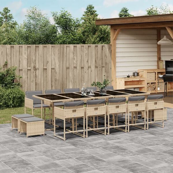 vidaXL 15-tlg. Garten-Essgruppe mit Kissen Beigemischung Poly Rattan